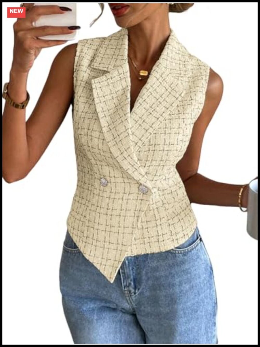 Tweed Plaid Vest Tops Summer Sleeveless Blazer